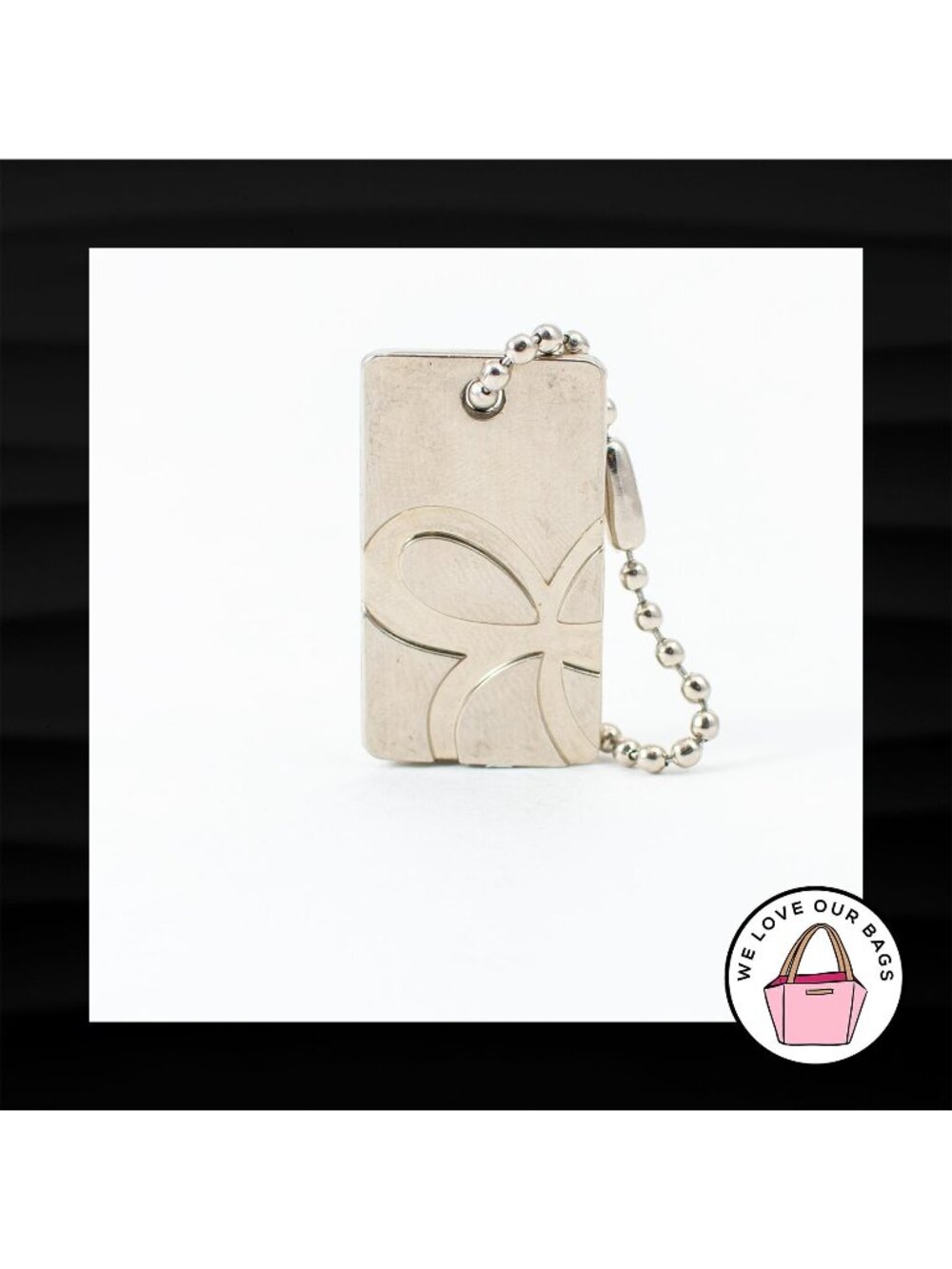 LINA RECTANGLE EMBOSSED DISC SILVER METAL KEY FOB BAG CHARM KEYCHAIN HANG TAG